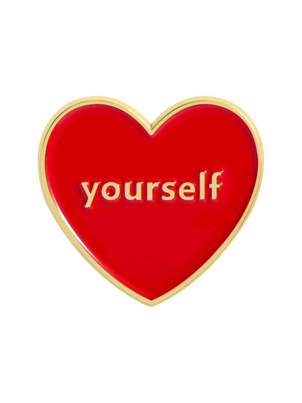 Pinori Love Yourself red heart brooch displayed at an angle highlighting its shape and color