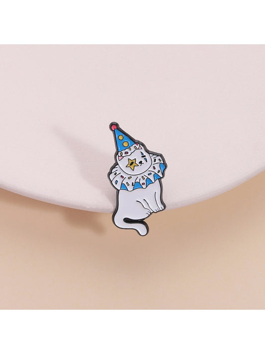 Pinori adorable clown cat brooch with colorful hat and bow tie on white background