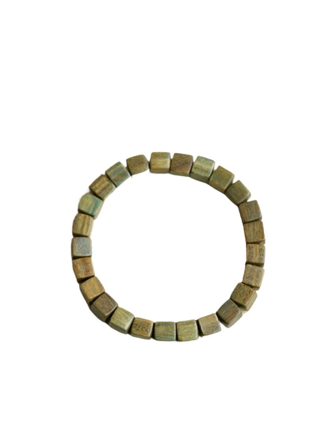 Emora bracelet displayed flat showing full length of square green beads