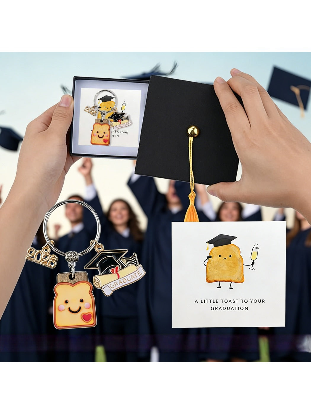 Taphug resin bread cookie charm keychain for graduation with gold hardware