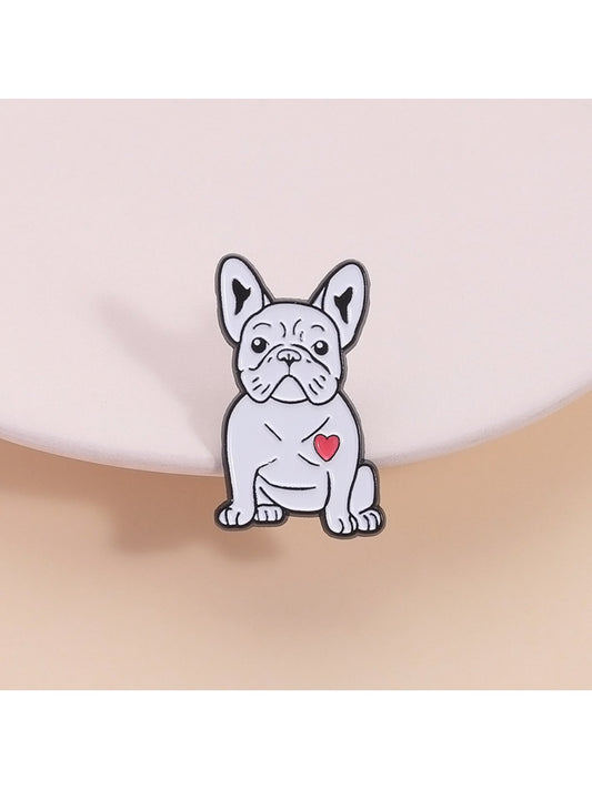 Pinori cute cartoon white pug dog brooch with black eyes and nose on white background