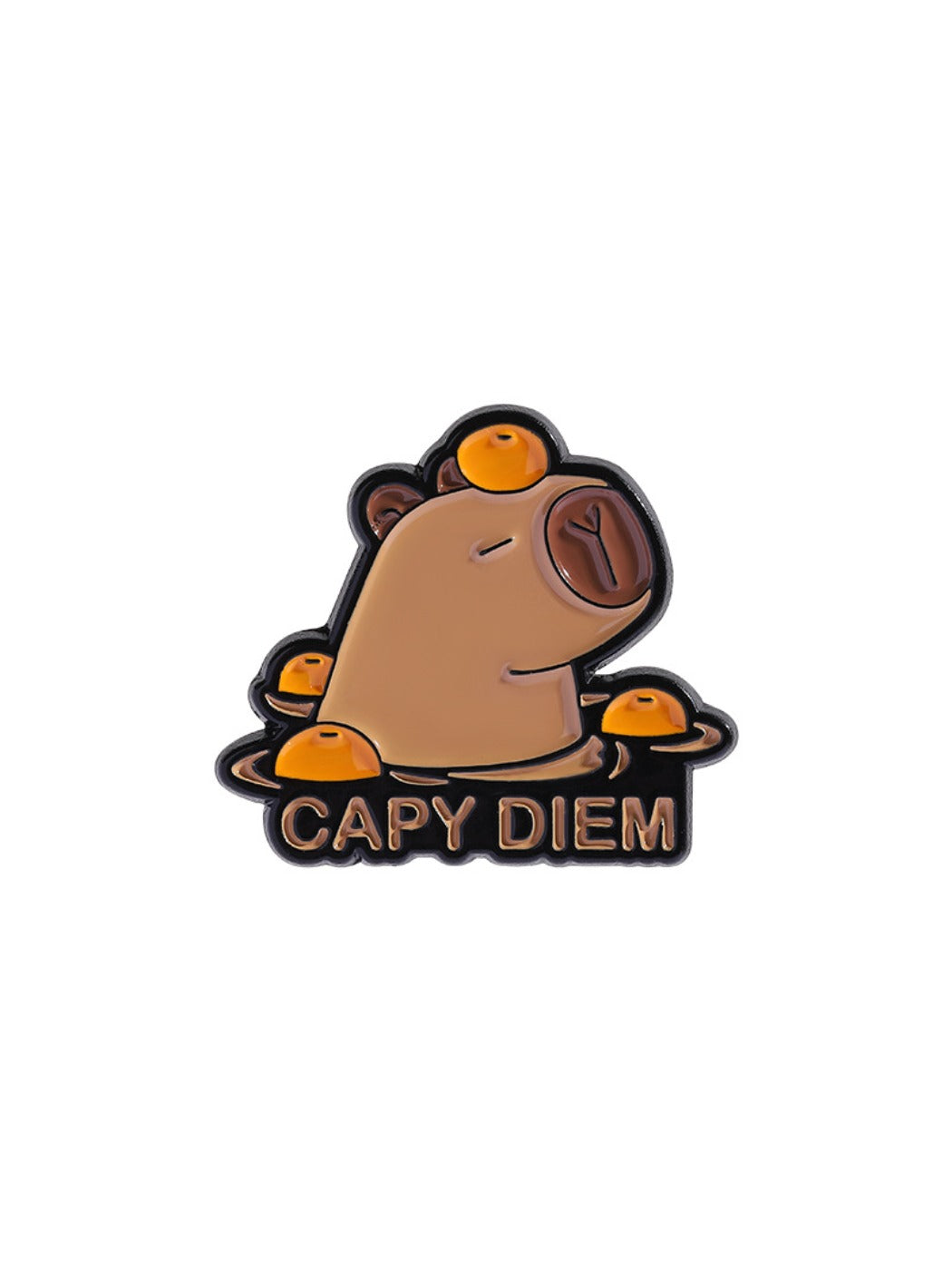 Pinori capybara enamel pin displayed on a black fabric surface