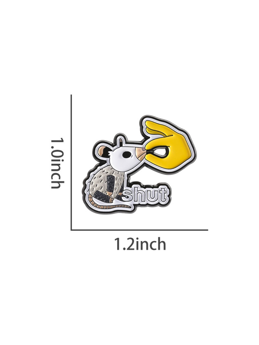 Pinori metal badge shaped like a white lab rat on a plain surface