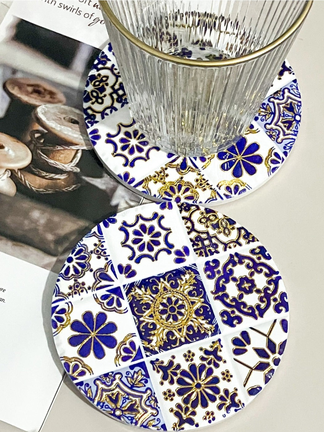 Thimara - Round Retro Style Ceramic Coasters  Gold Foil Embossed
