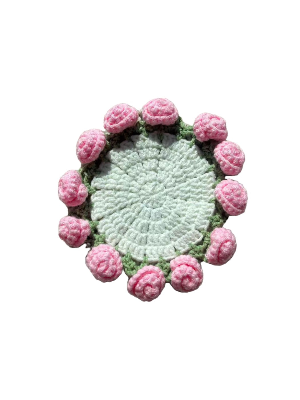 Side angle of Kovira crochet rose coaster heat resistant table mat