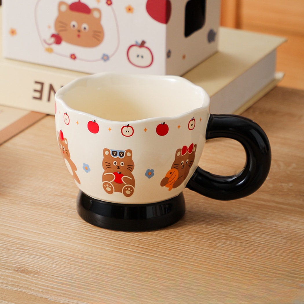 Mivora - Cartoon Apple and Cat Irregular Rim Mug