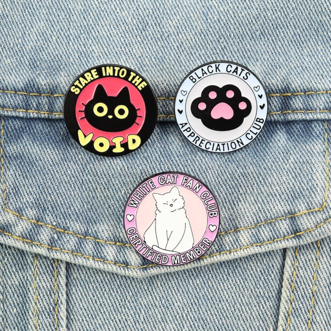 Pinori Cat Fan Club enamel pin next to a small plant on a wooden surface