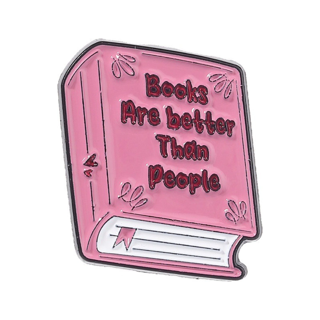 Pinori Book Lover enamel pin shown alongside other book-themed accessories