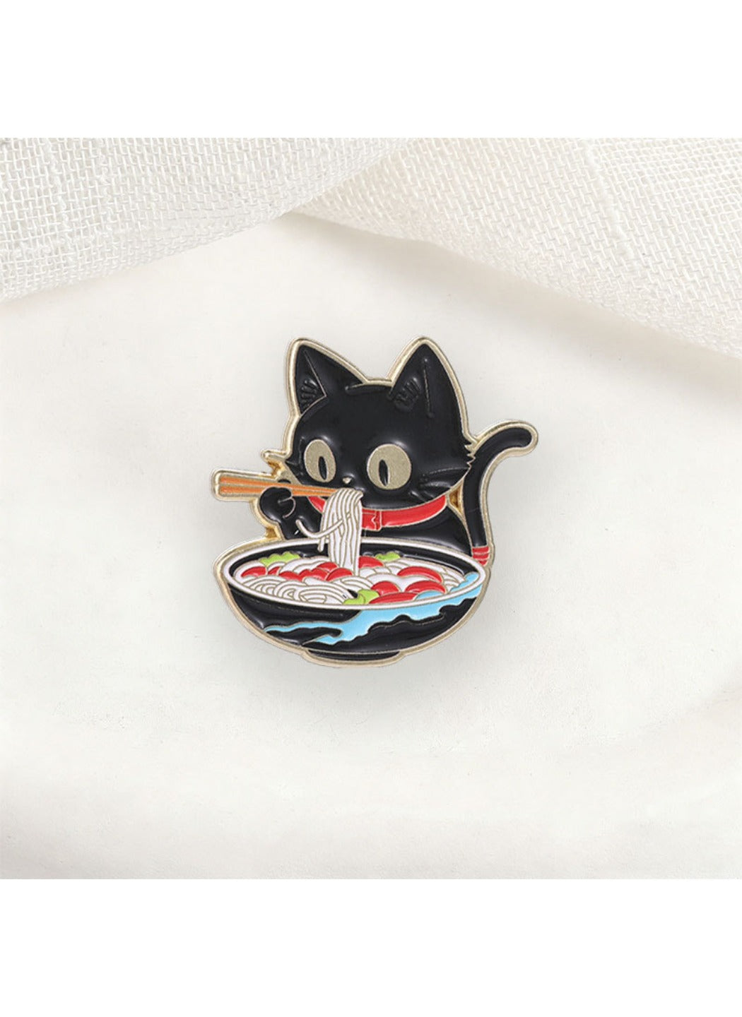 Pinori - Alloy Cat Brooch, Cute Cartoon Black Cat Eating Ramen Badge