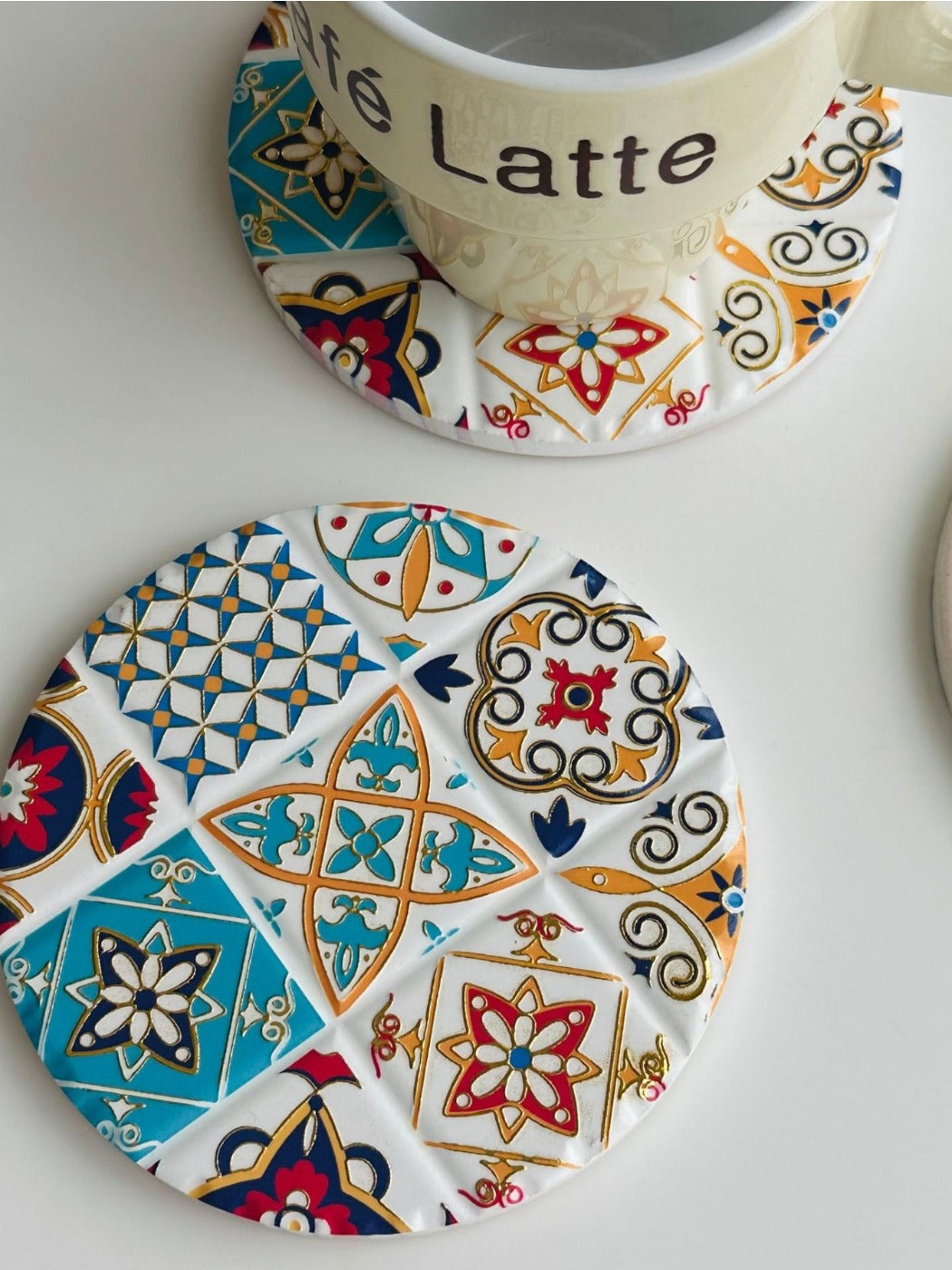 Thimara - Round Retro Style Ceramic Coasters  Gold Foil Embossed