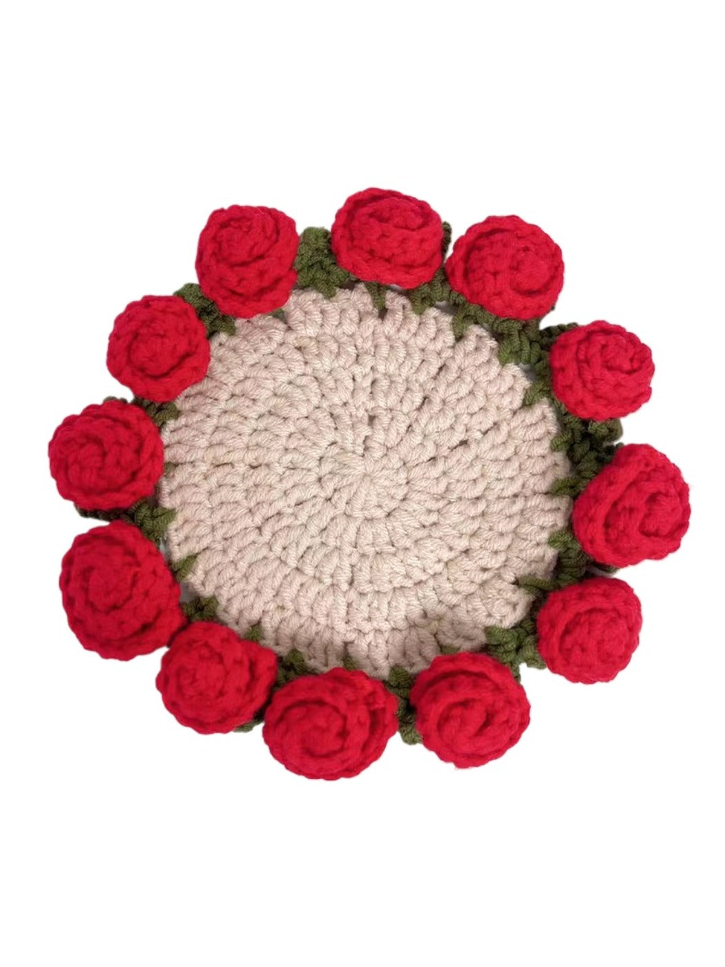 Close-up of Kovira crochet rose coaster heat resistant table mat
