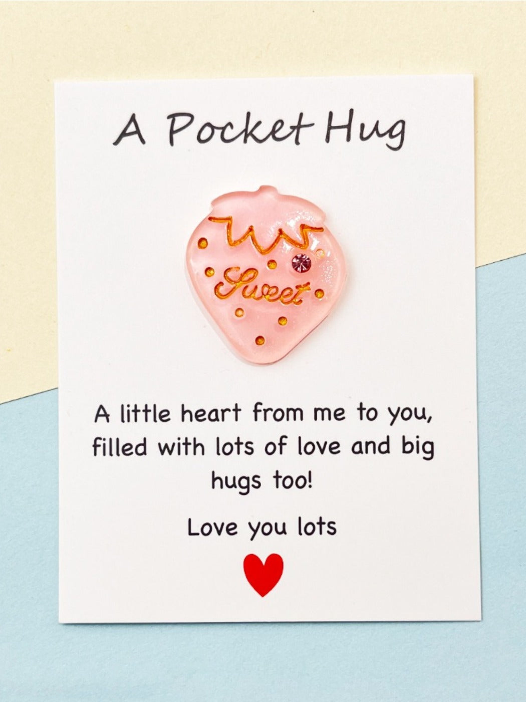 Taphug - Pocket Hug Glitter Pink Heart Strawberry pocket hug card and keepsake token view 4