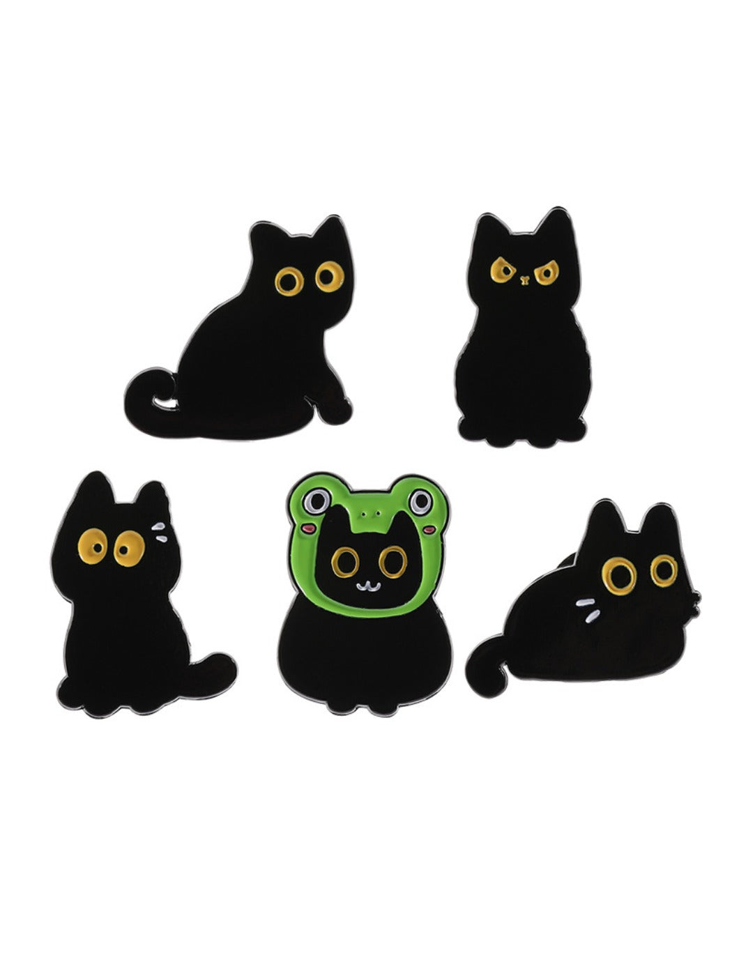 Pinori frog and cat pin displayed alongside other enamel pins