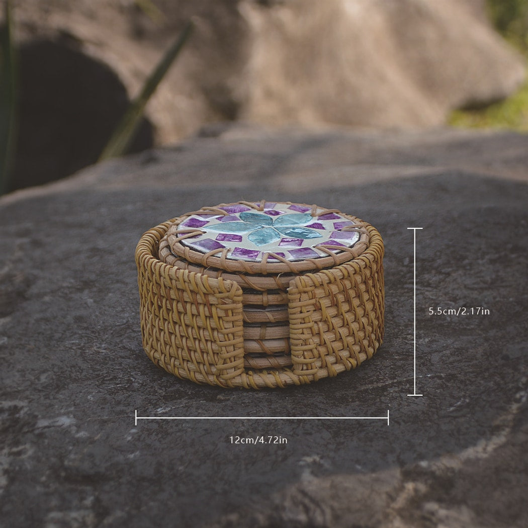 Thimara - Round Floral Pattern Woven Style Coaster Set