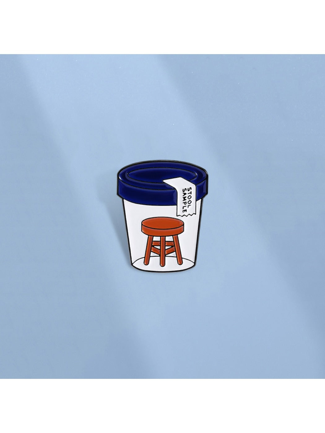 Back view of Pinori stool sample bottle pin badge showing pin clasp