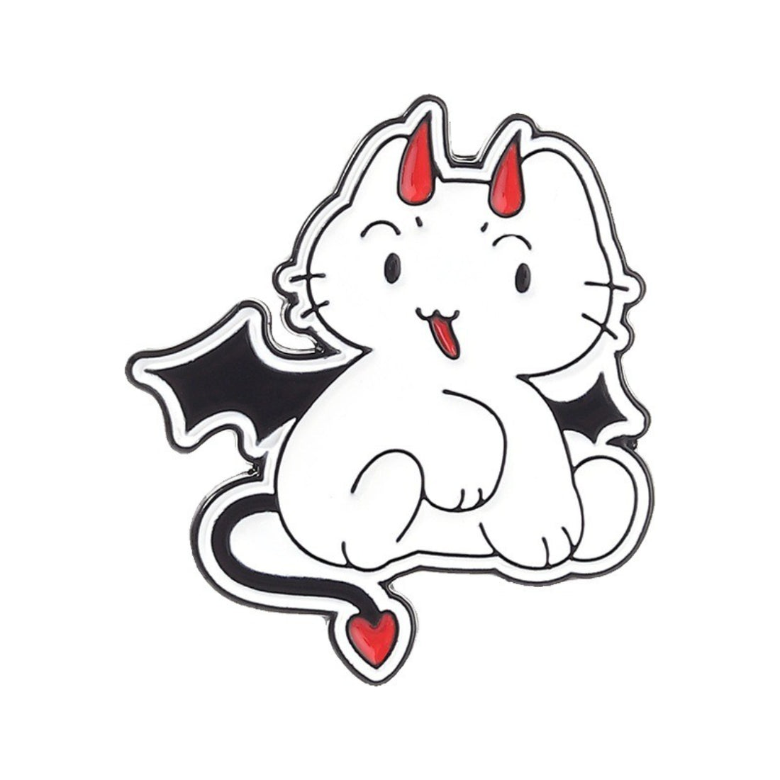 Pinori Angel Devil Cat enamel pin displayed on black fabric with metal pin backing visible
