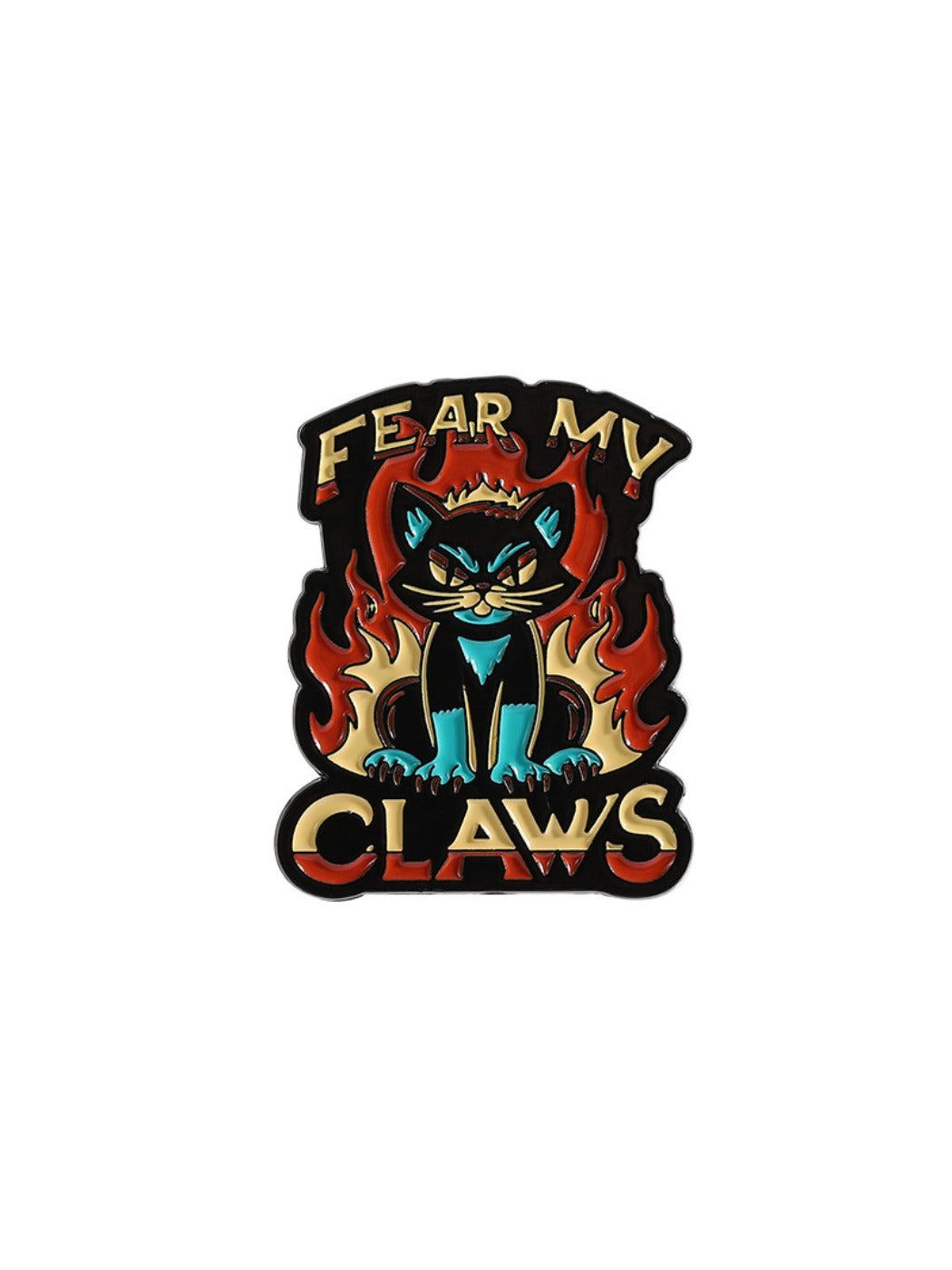 Pinori flame cat and tiger skull brooch displayed with soft lighting highlighting details