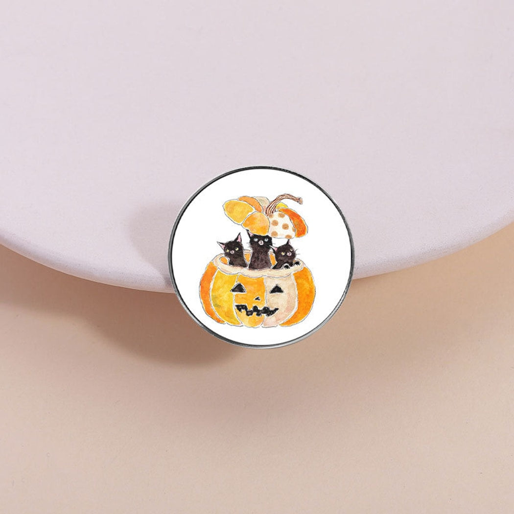 Pinori - Halloween Pumpkin Black Cat Round Pin