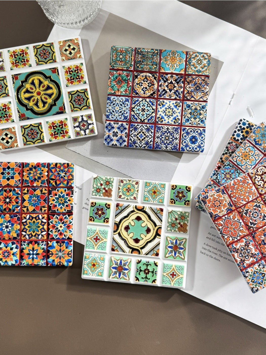 Thimara - Vintage Bohemian Embossed Square Ceramic Coaster
