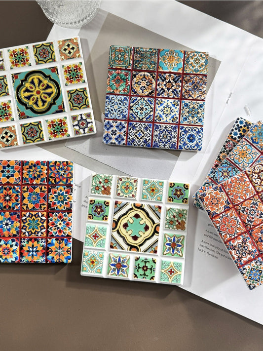 Thimara - Vintage Bohemian Embossed Square Ceramic Coaster