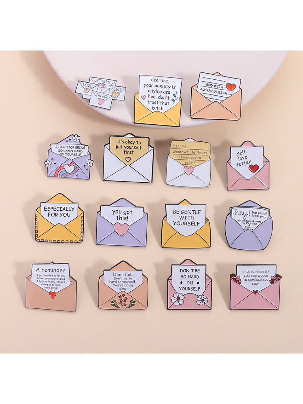 Close-up of Pinori letter envelope brooch showing detailed edges and clasp