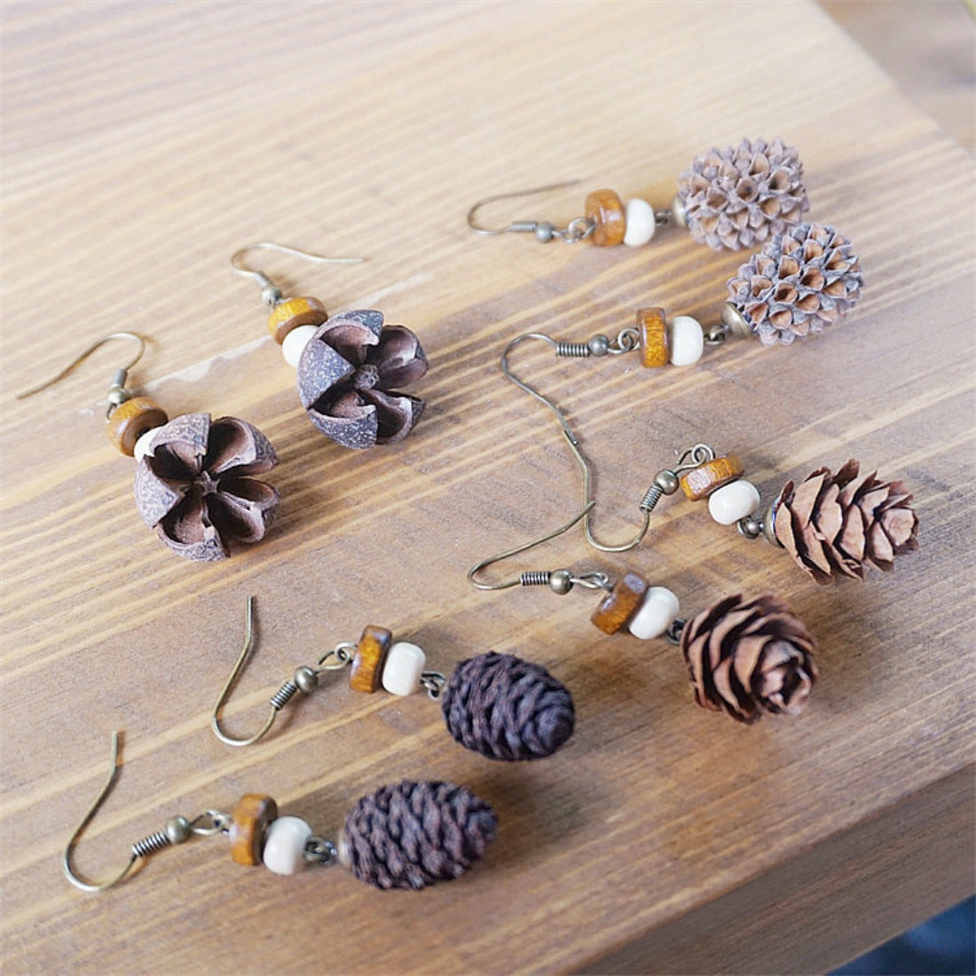 Handcrafted Vintage Wooden Bead and Natural Nut Earrings