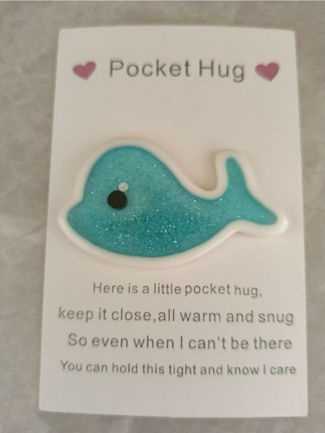 Taphug - Pocket Hug Heart Blue Glitter Dolphin pocket hug card and keepsake token
