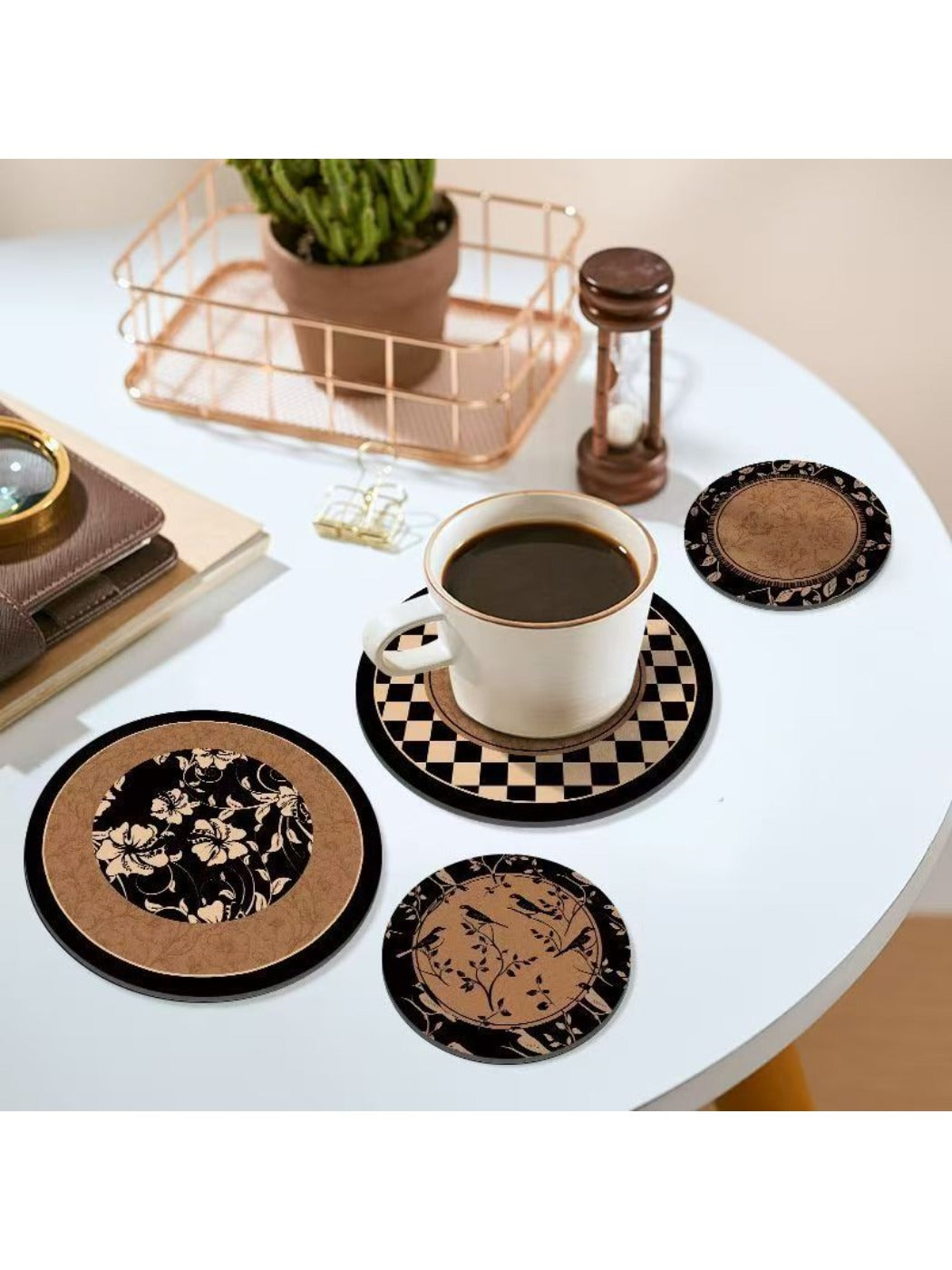 Close-up of Thimara heat proof cup mats showing retro design patterns
