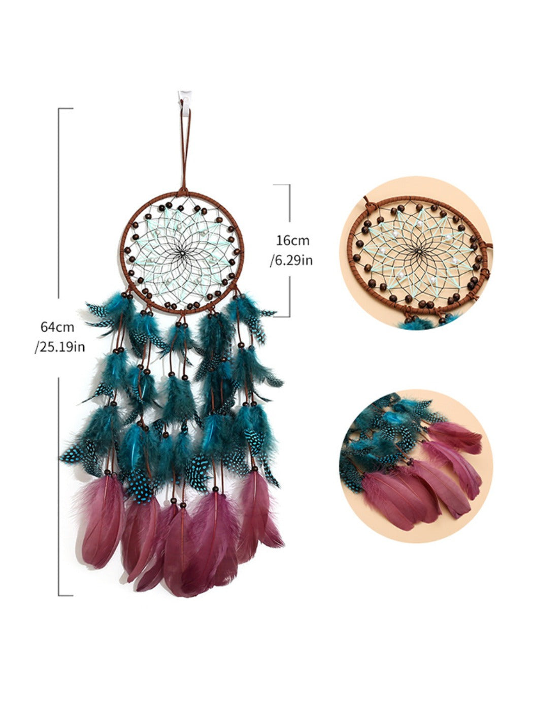 Somnira dream catcher hanging outdoors with sunlight highlighting feathers and web
