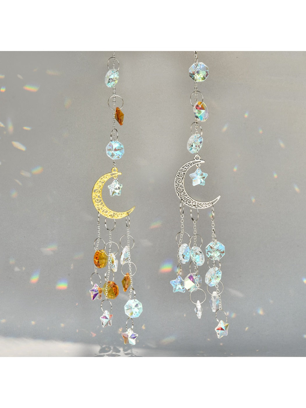 Golden moon-shaped dream catcher with white feathers and crystal beads hanging