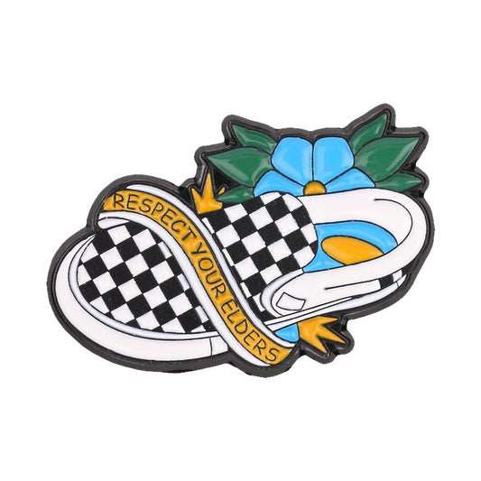 Pinori - Retro Checker Ribbon Floral Enamel Pin