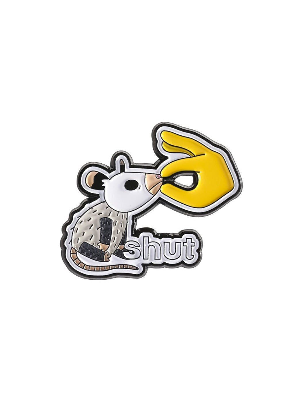 Pinori white lab rat metal pin badge photographed with natural light
