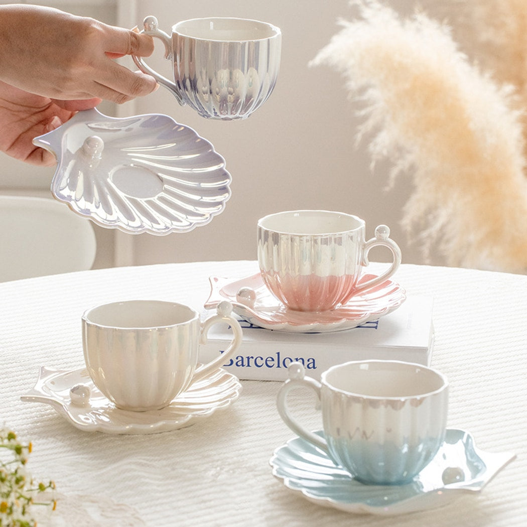 Mivora - Elegant Seashell Themed Coffee Mug and Saucer Set