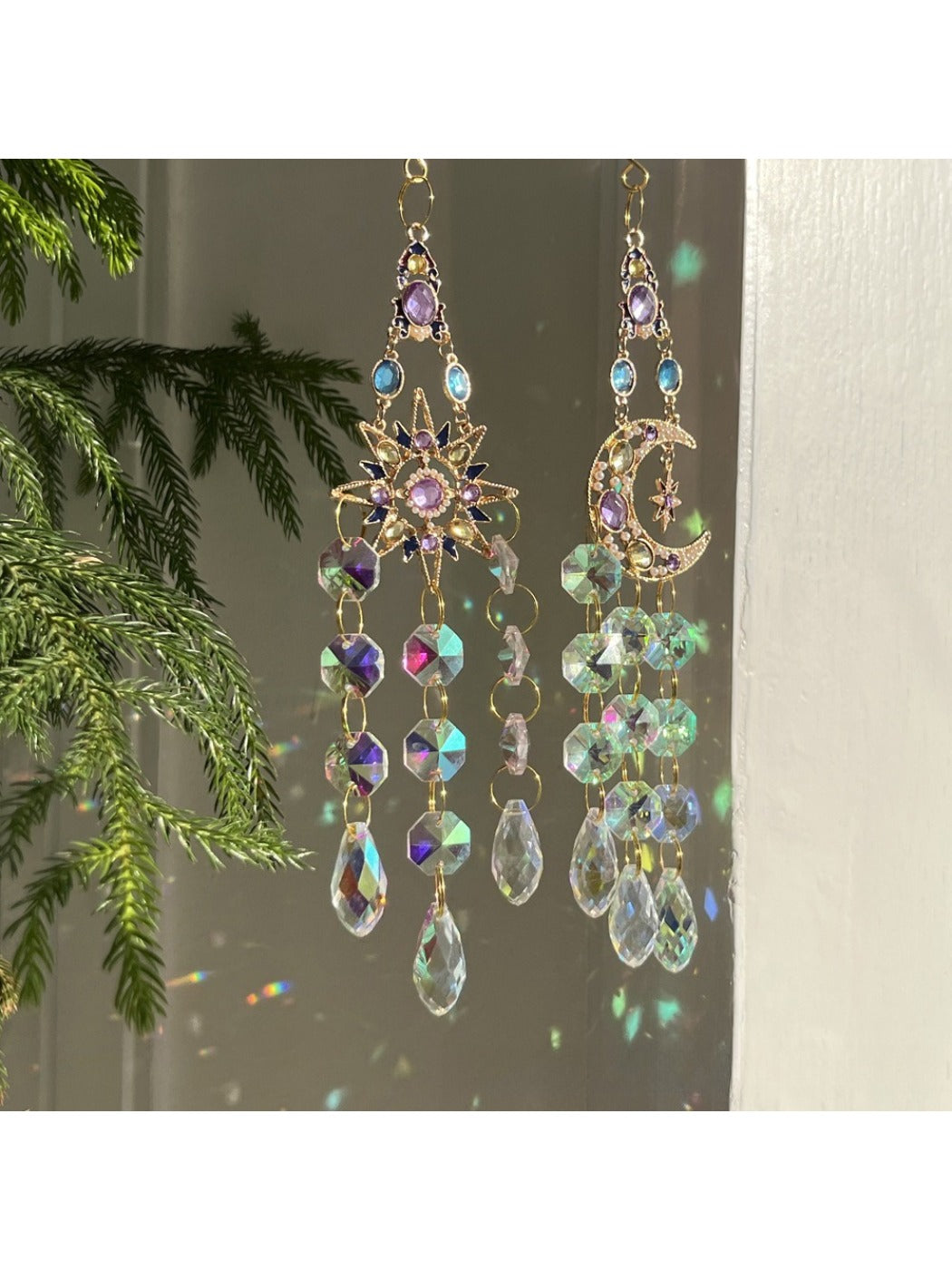 Close-up of Somnira Iridescent Sun Dream Catcher with shimmering threads and beads