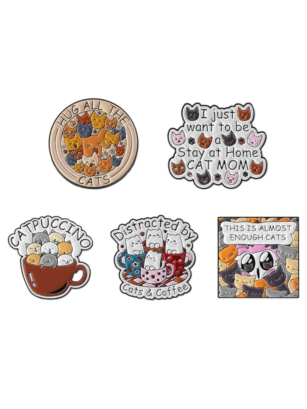 Multiple pins stacked together showing the cat design from different angles