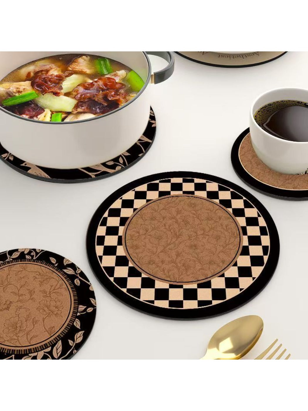 Set of Thimara retro aesthetic coasters stacked neatly on a table