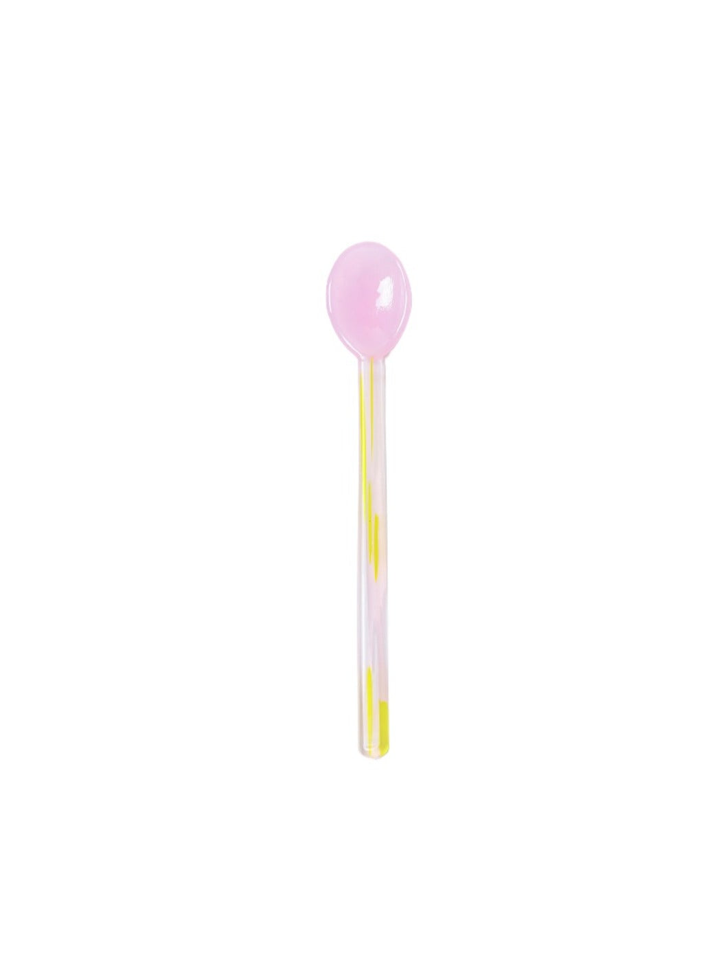 Thimara glass spoon with long handle displayed on plain background