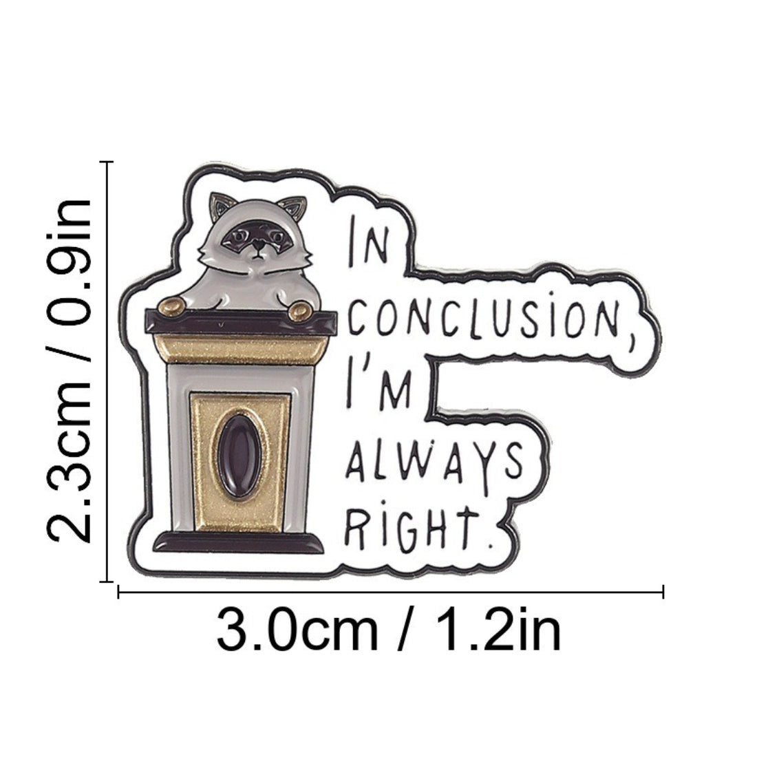 Close-up of Pinori raccoon quote pin showing detailed raccoon design and text