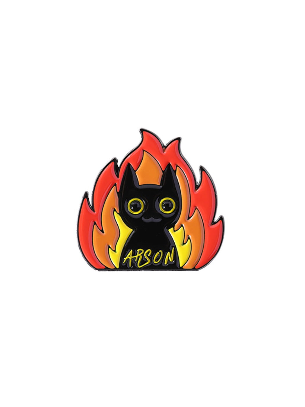 Pinori black cat flame badge shown from above on a wooden table