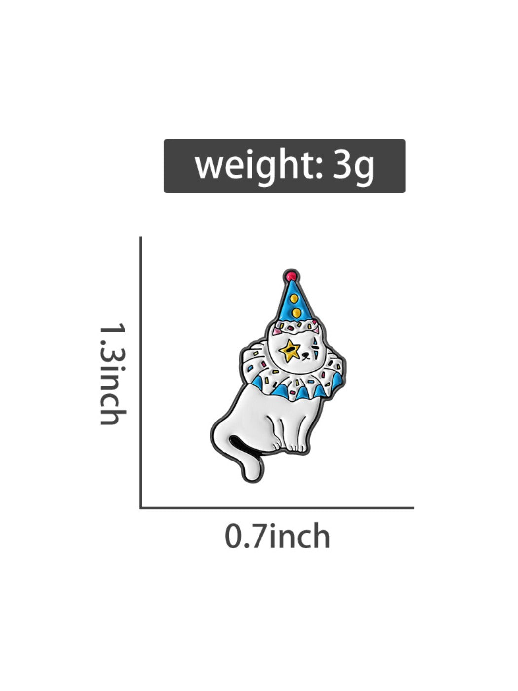 Pinori clown cat pin placed next to ruler for size reference