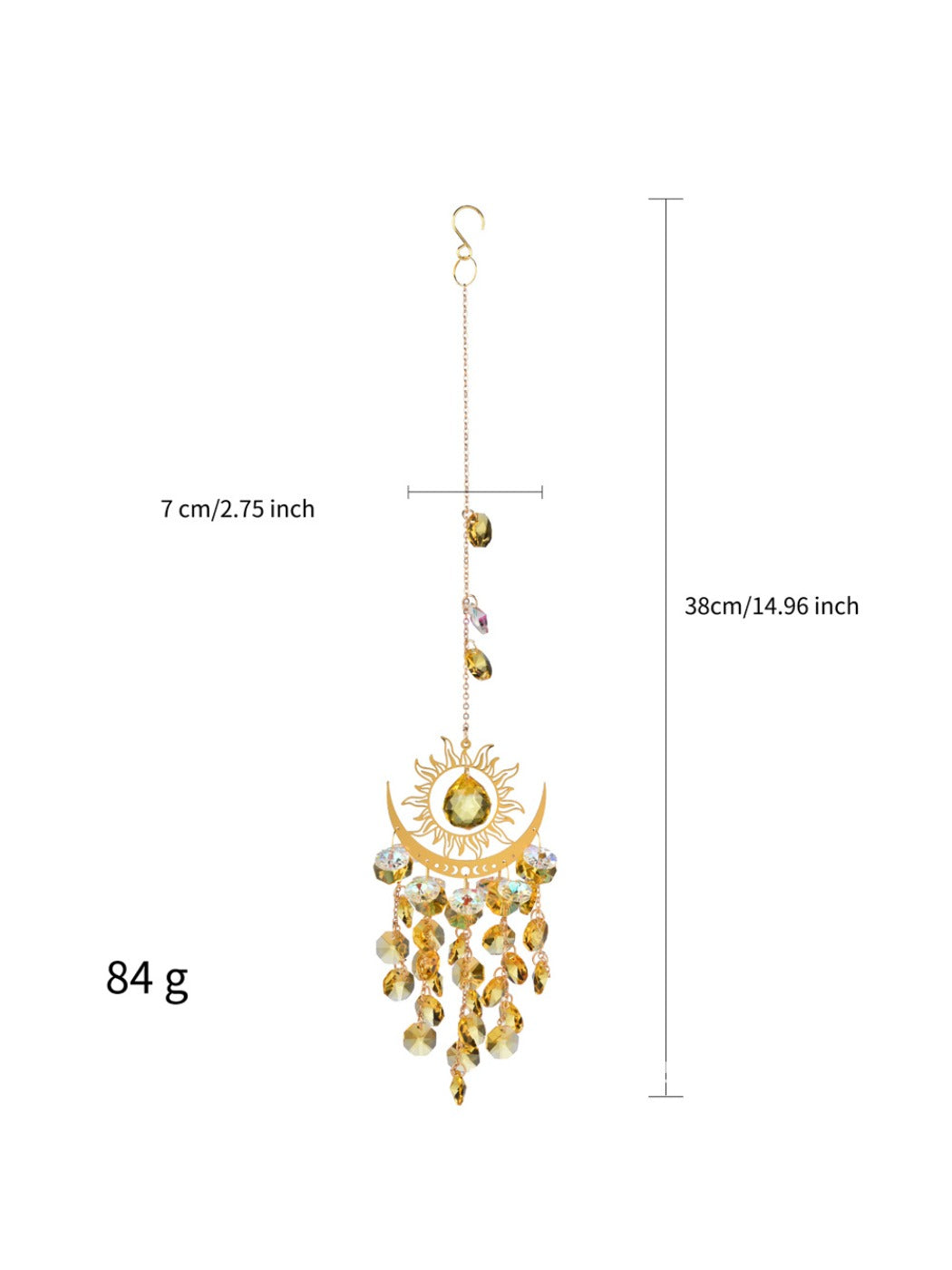 Side angle of Somnira dream catcher highlighting the sparkle effect on beads and feathers