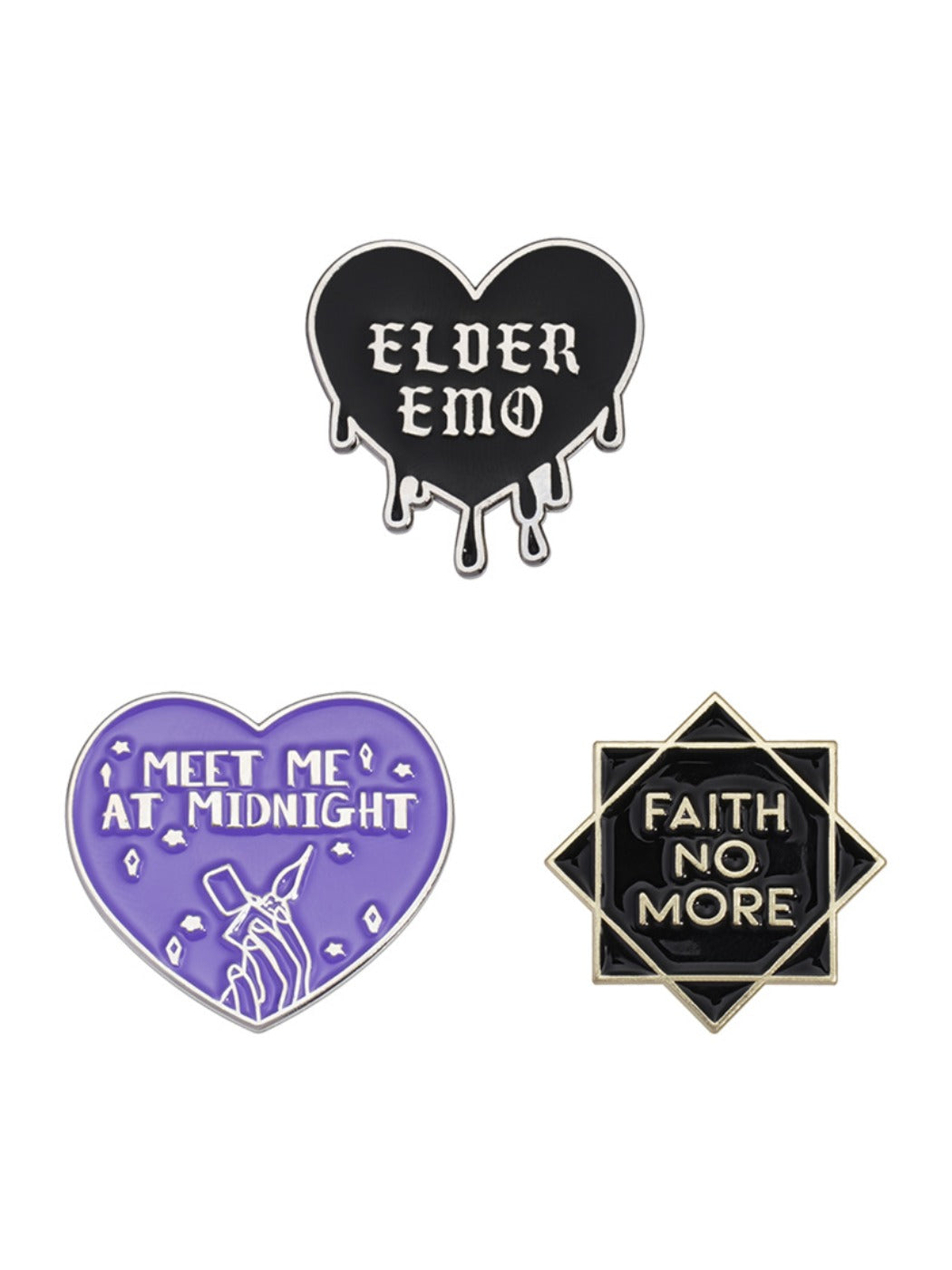 Pinori badge with black heart and letter design against dark textured background