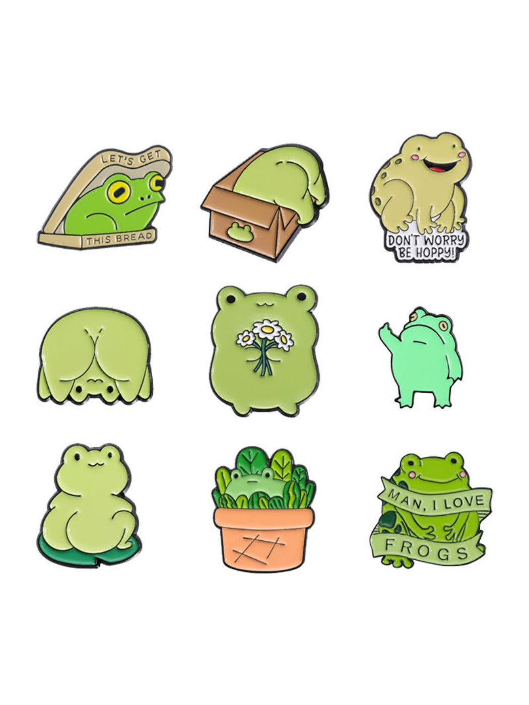 Pinori frog metal badge pin with green enamel and silver outline on white background