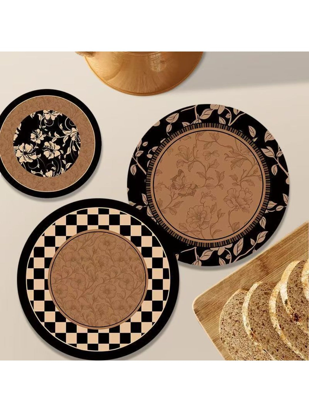 Thimara retro aesthetic coasters arranged on a wooden surface with a cup on top