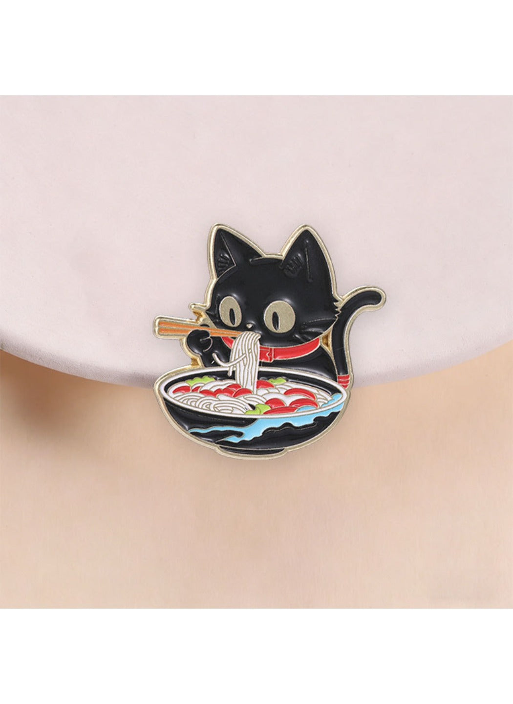 Pinori - Alloy Cat Brooch, Cute Cartoon Black Cat Eating Ramen Badge
