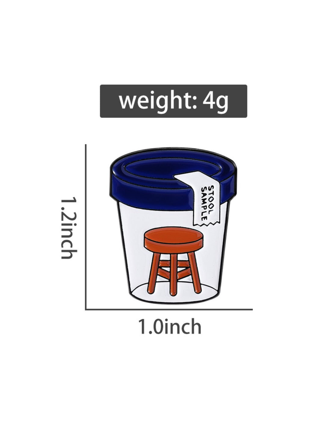 Pinori stool sample bottle pin badge held in hand for size reference