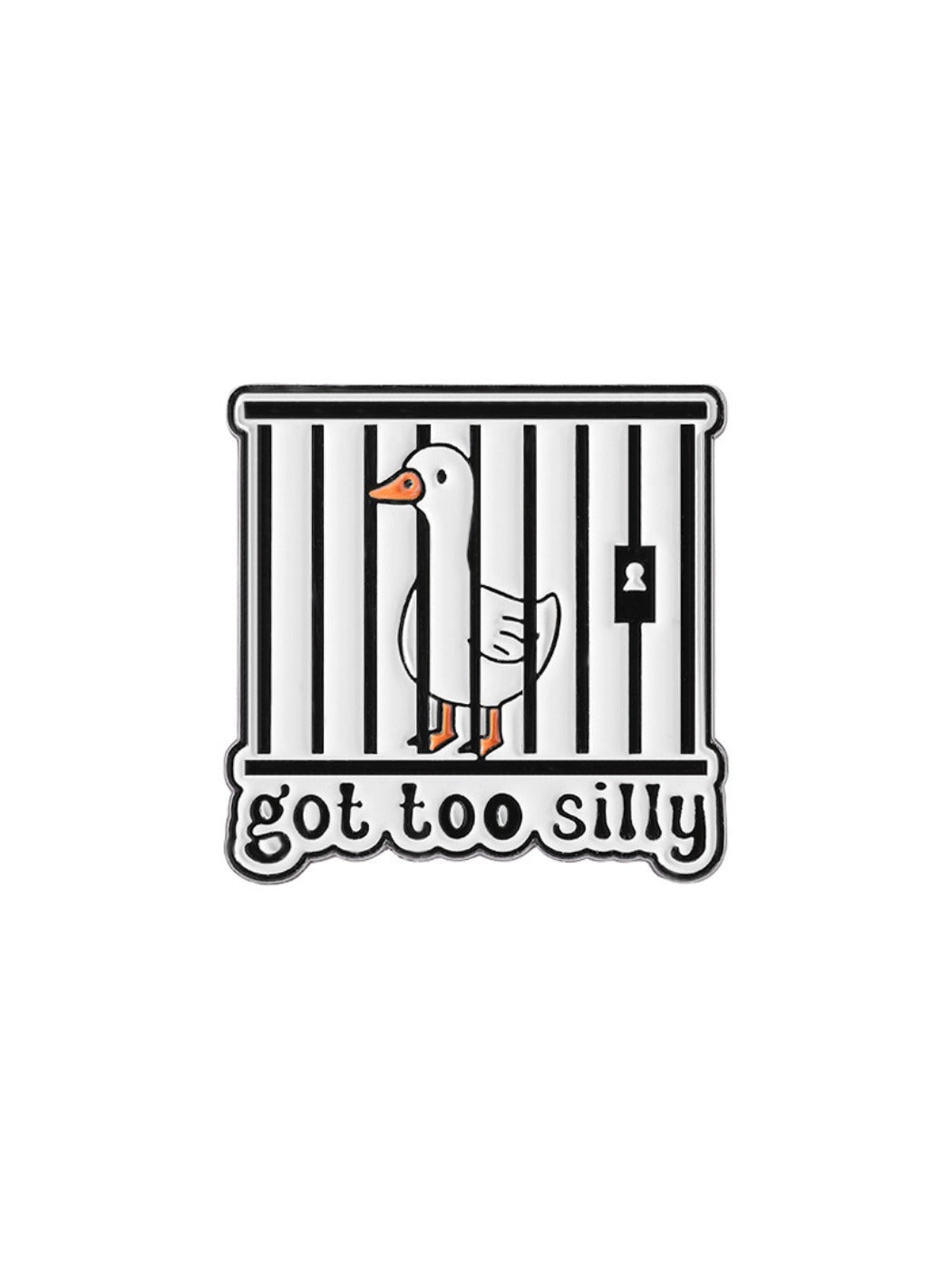 Pinori silly goose enamel pin photographed with natural lighting highlighting glossy finish
