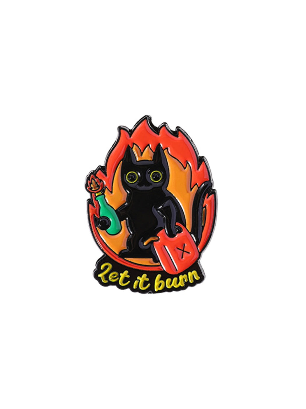 Pinori black cat badge close-up showing smooth enamel and metal edges