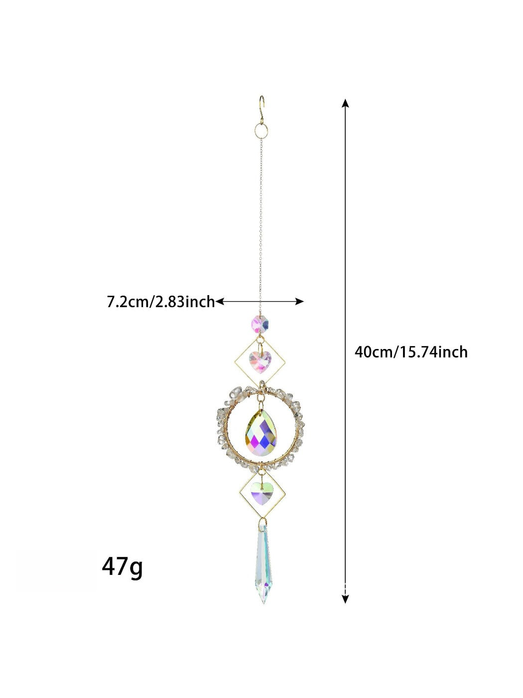 Side angle of Somnira colorful wind chime showing metal tubes and glass decorations