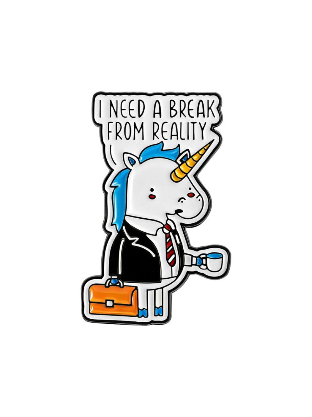 Pinori cute office unicorn brooch photographed from a side angle